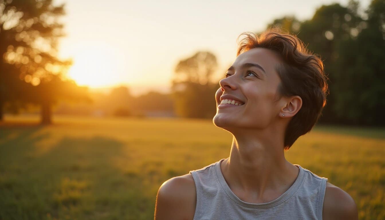 Man smiling in a sunlit park at golden hour