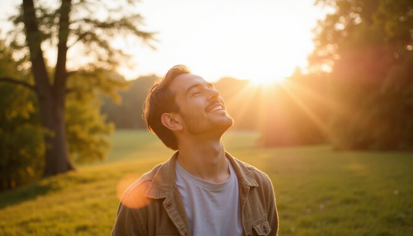 Man standing in grassy field with sun rays behind him