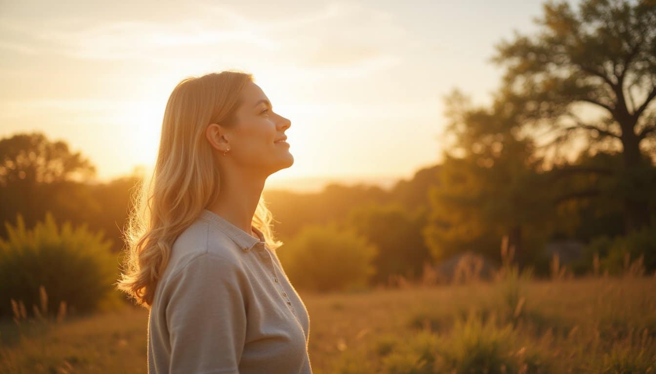 Man with eyes closed smiling in warm sunset light