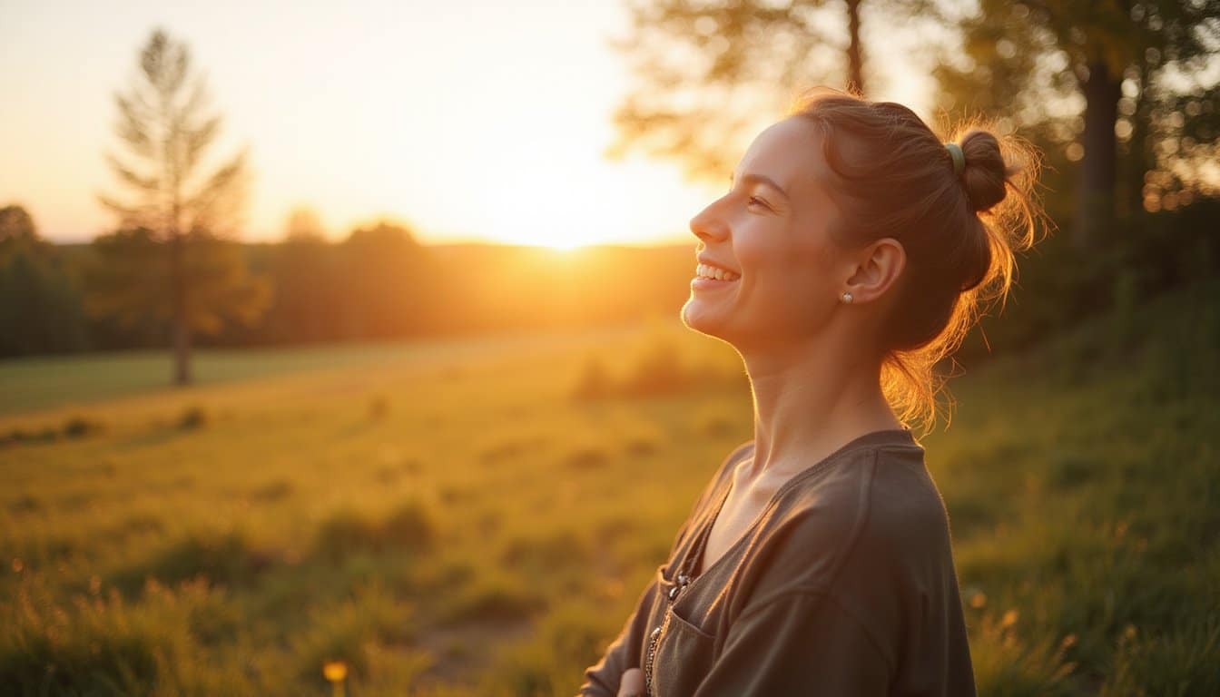 Young man enjoying sunlight in a grassy field