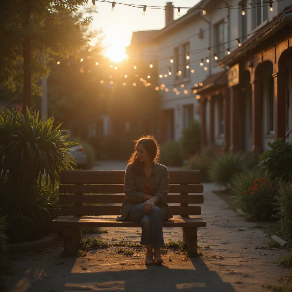 Person enjoying a calm sunset moment on a bench in a cozy courtyard with residential buildings