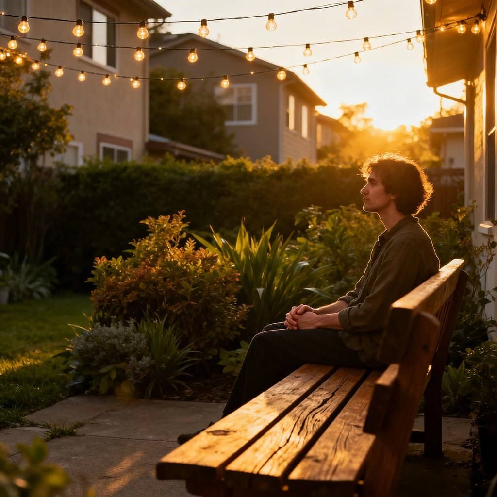 Person relaxing on a wooden bench in a serene courtyard with string lights and sunset in the background