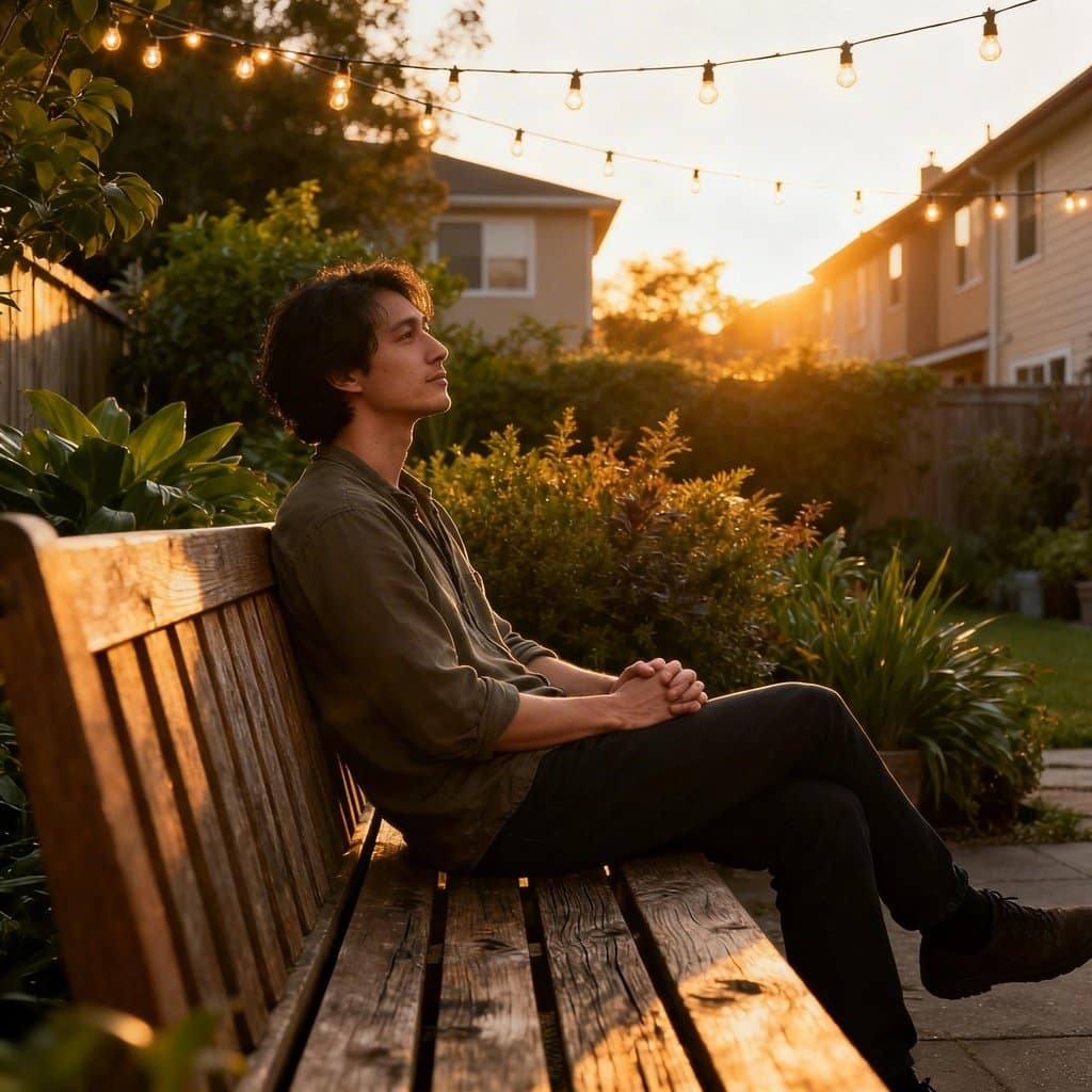Reflective person sitting outdoors on a bench surrounded by greenery and warm evening light