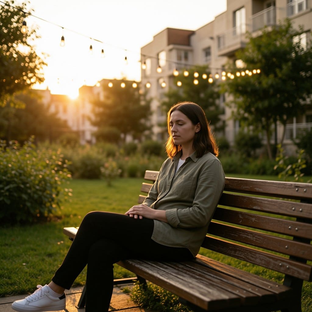 Person in a peaceful residential courtyard sitting on a bench under warm string lights at sunset