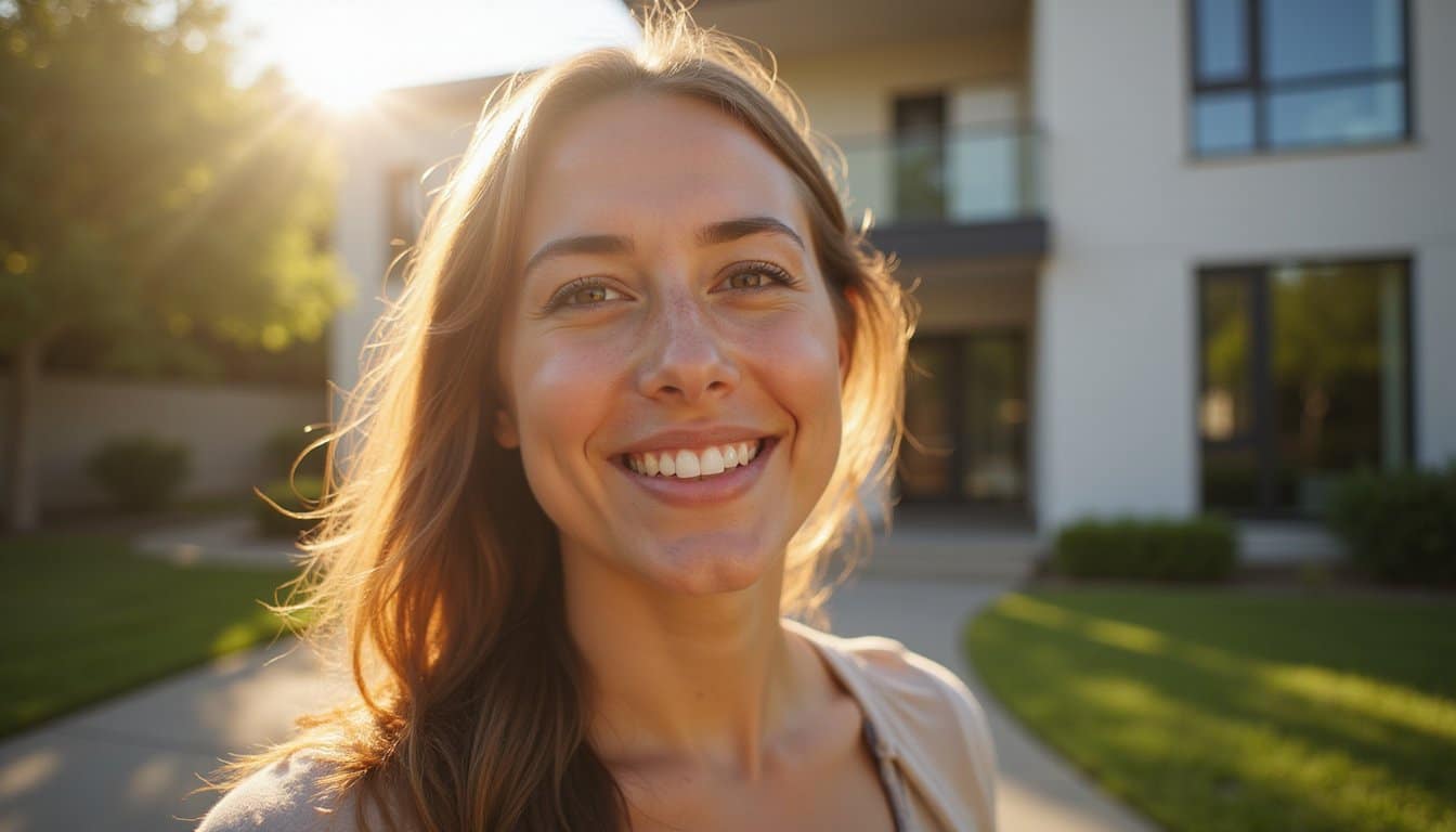 Smiling person outside a residential treatment center with sunlight shining through their hair