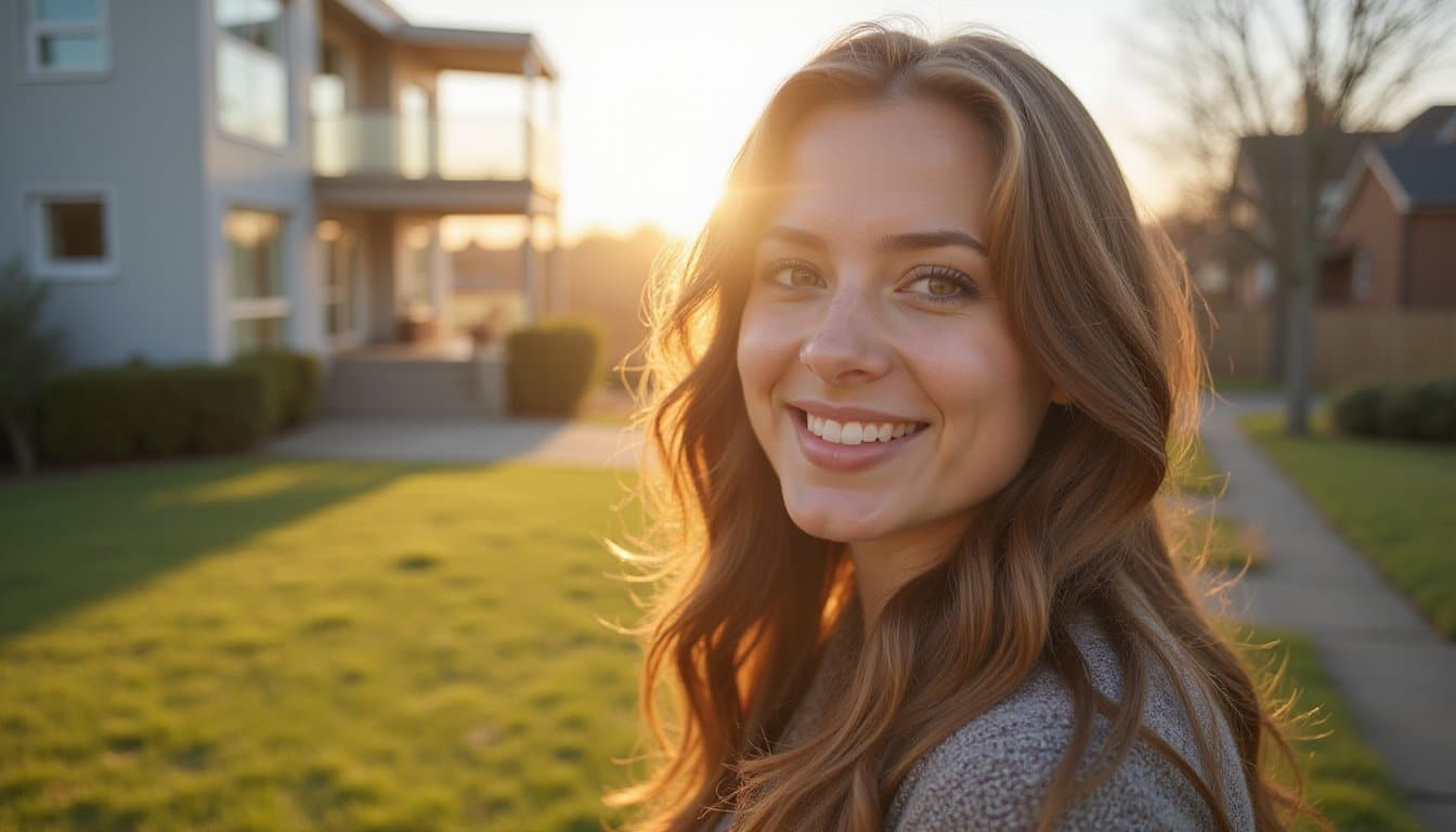 Close-up of a relaxed person smiling with sunlight filtering through their hair