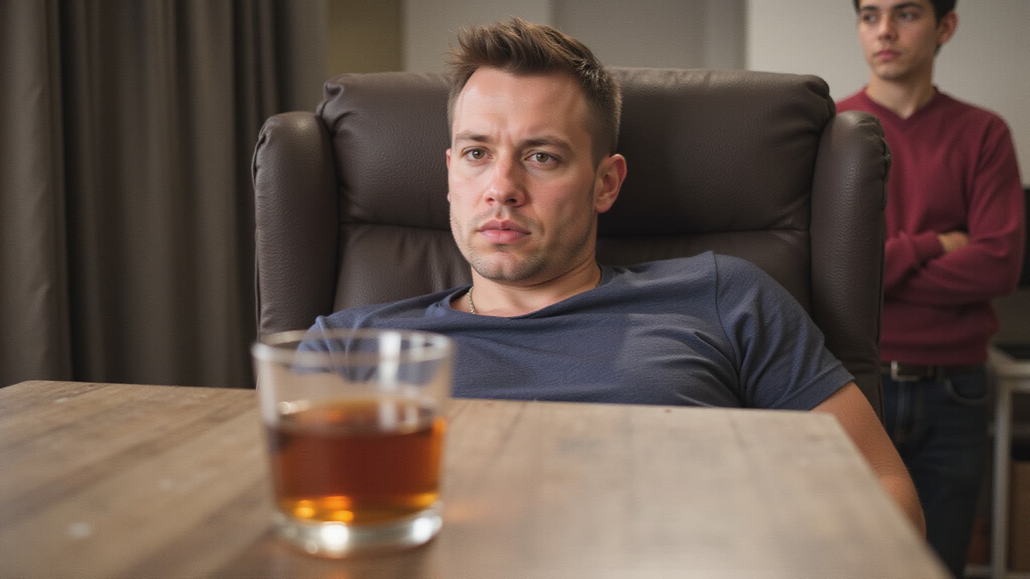 Close up of counselor and person sitting on chair indoor, counselor in sharp focus with attentive facial expression, eyes engaged and focused, neutral composed face, person sitting in foreground out of focus