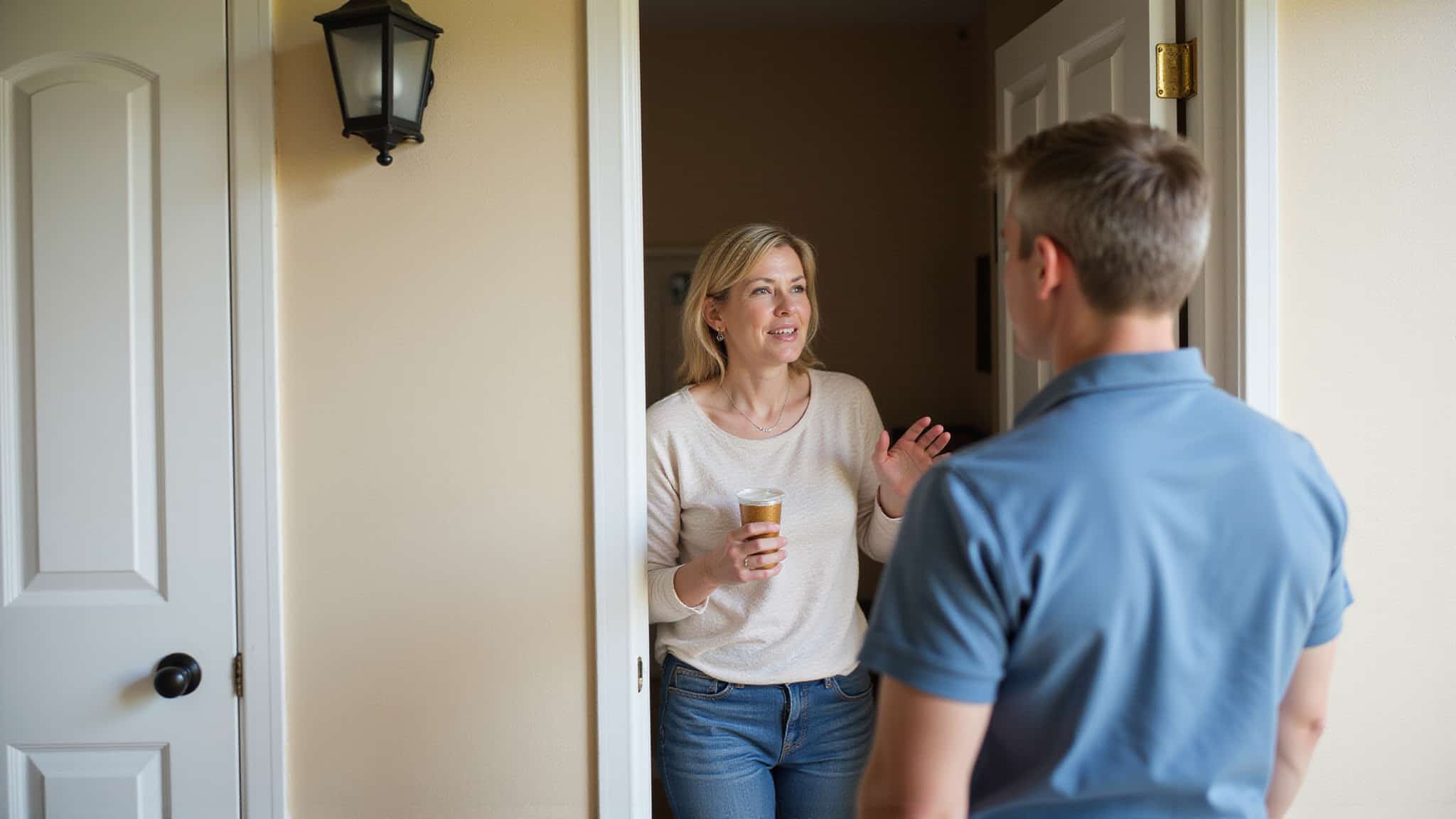 Two adults seated across from each other in a home interior, one person in sharp focus,